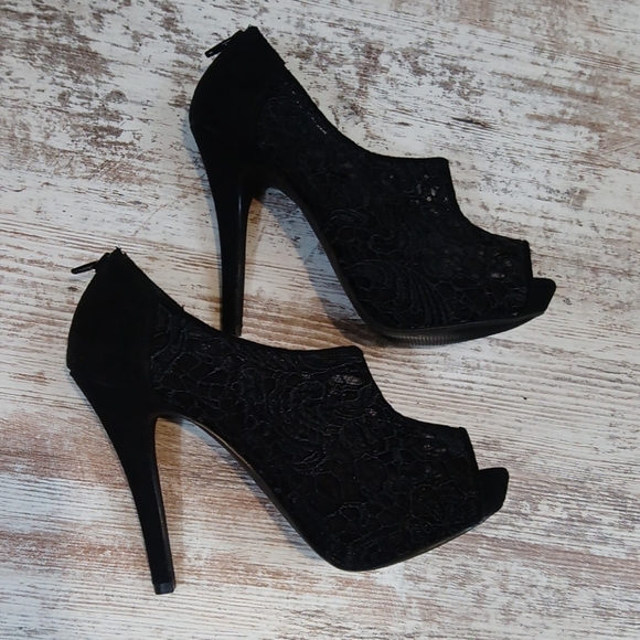 Elle Black Lace Suede Open Toe Heels with Zipper - Picture 4 of 10